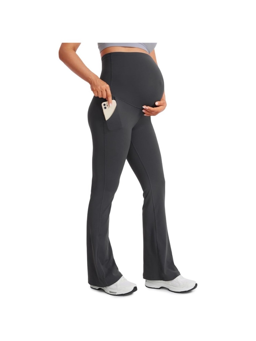 Maternity Flare Leg Active Pants with Phone Pocket - Charcoal